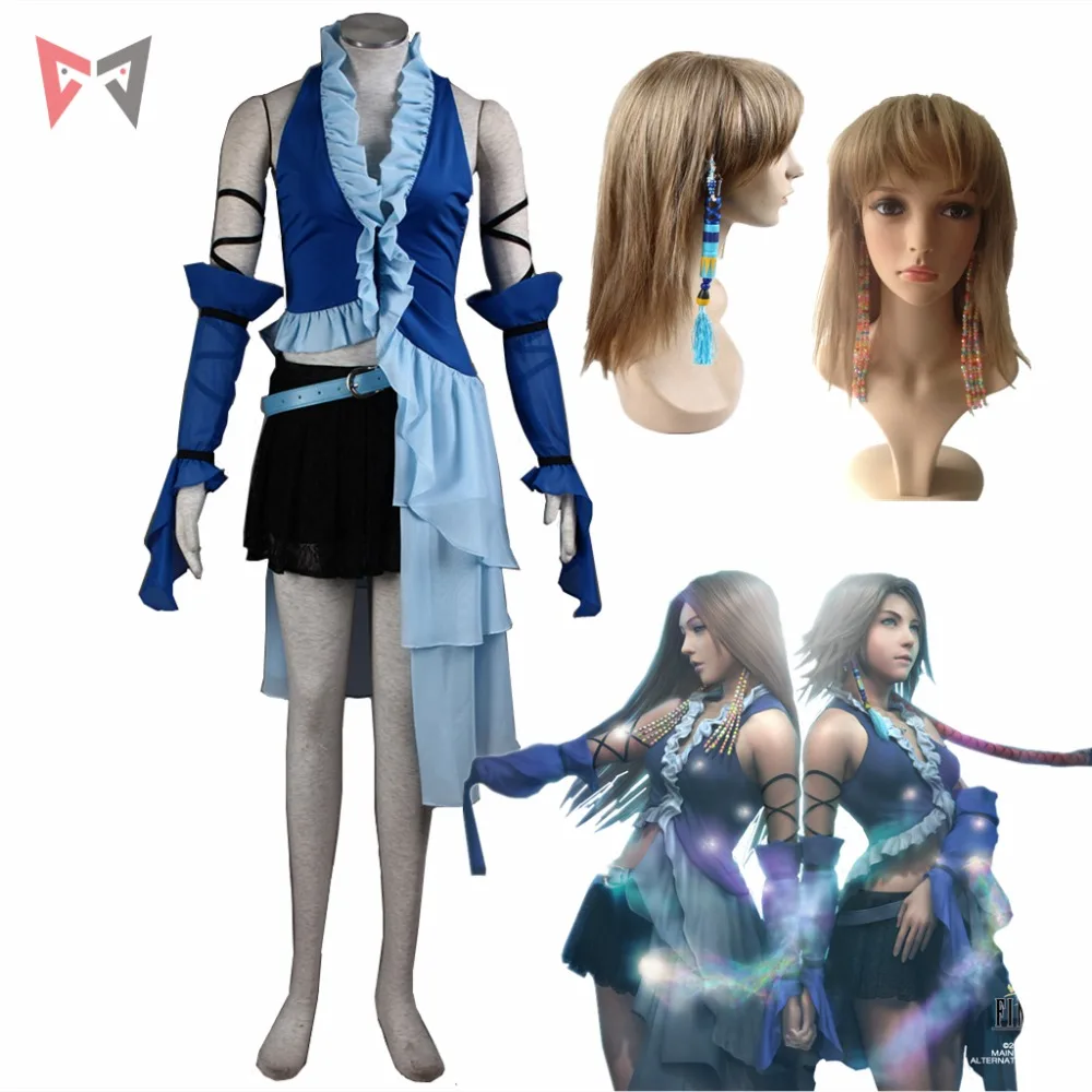Final Fantasy XII Косплей Yuna Lenne Song косплей костюм и серьги Набор Хэллоуин синее платье на