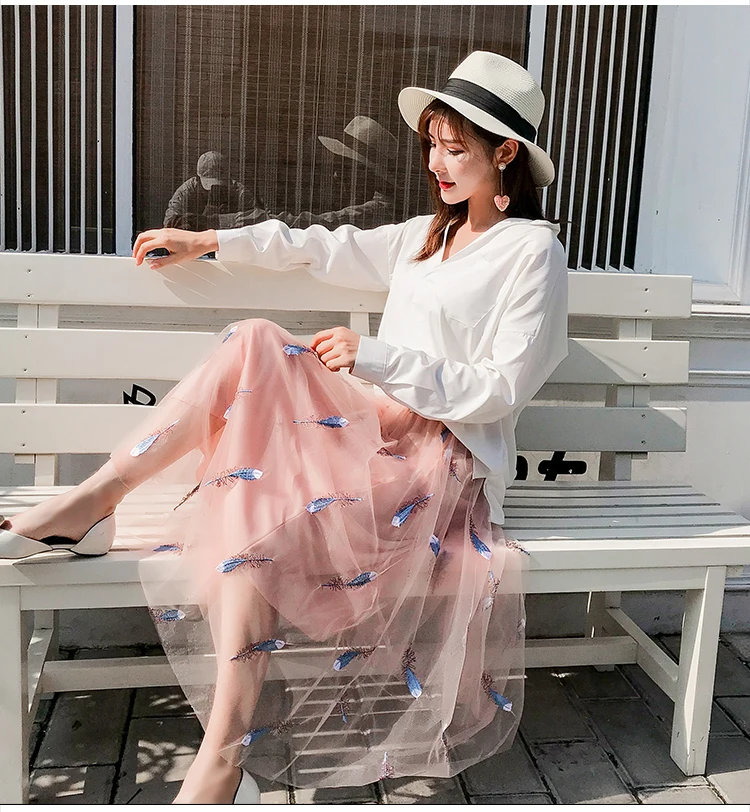 Юбка из тюля с цветочной вышивкой и перьями, длинные плиссированные юбки, Высококачественная элегантная трапециевидная юбка-пачка, кружевная сетчатая юбка розового, черного и белого цветов