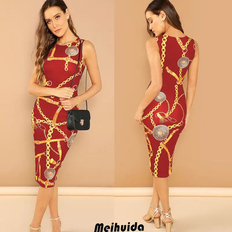 Бургундия Women Chain Print Bodycon Tank Elegant Bodycon Dress Womens New Spring Sleeveless Midi Dress Office Fashion Dresses - Цвет: Бургундия