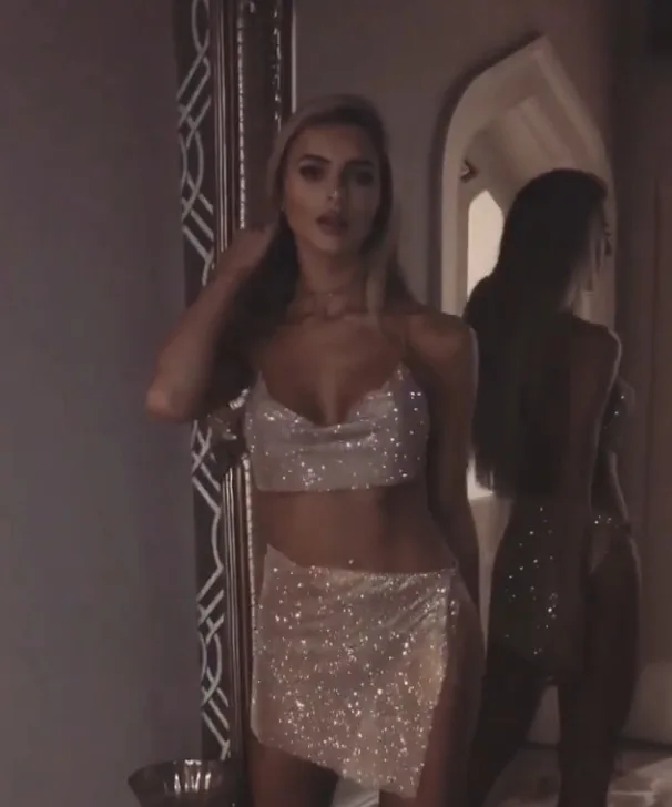 Sexy Metal Crystal Diamonds Chain Women Sequins Dress Two pieces Set 2017 New Summer Gold silver Luxury Night club party Dresses | Женская