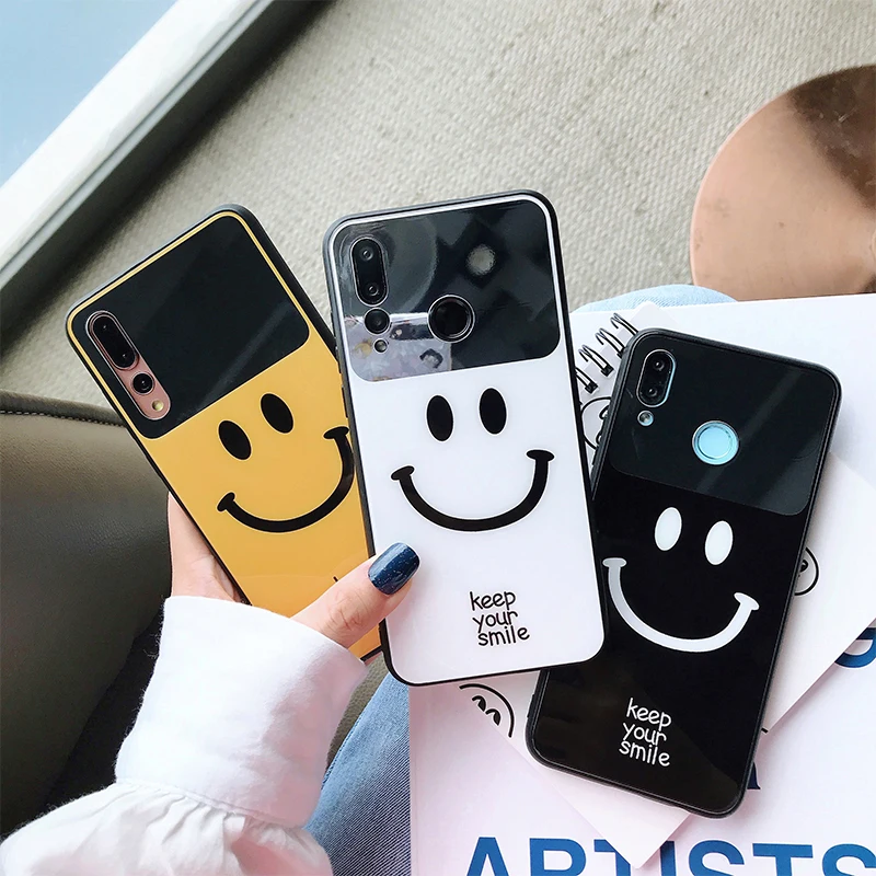 Роскошный зеркальный чехол для huawei P20 P30 Pro закаленное стекло смайлик крышка