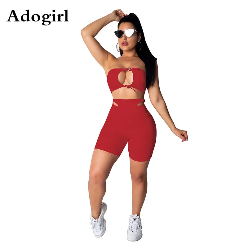 

Women Buckle Up Cut Out Crop Top And Skinny Bodycon Knee Length Pants Tracksuit Cycling Sportswear Two Piece Suit Club Outfits