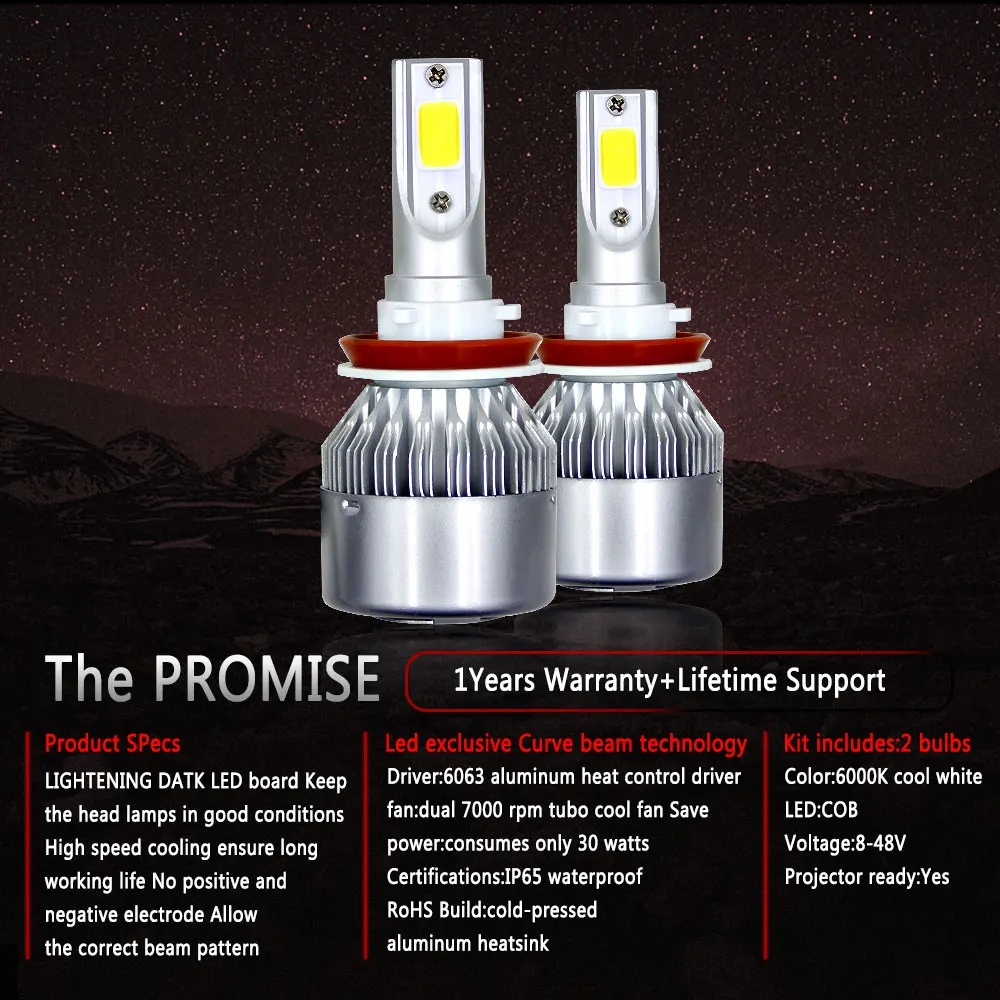 Roadsun C6 светодиодные лампы для фар конверсионный комплект H4 60 Вт 8000LM 6000 К холодный