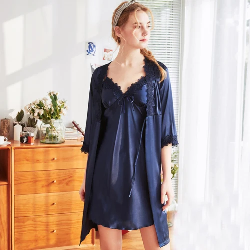 Navy Blue SSH0324 весенне-летний женский вечерний комплект с платьем атласная шелковая Женская одежда для сна дамское кружево для отделки, пикантное ночной халат женский 2 шт ночное белье - Цвет: Navy Blue
