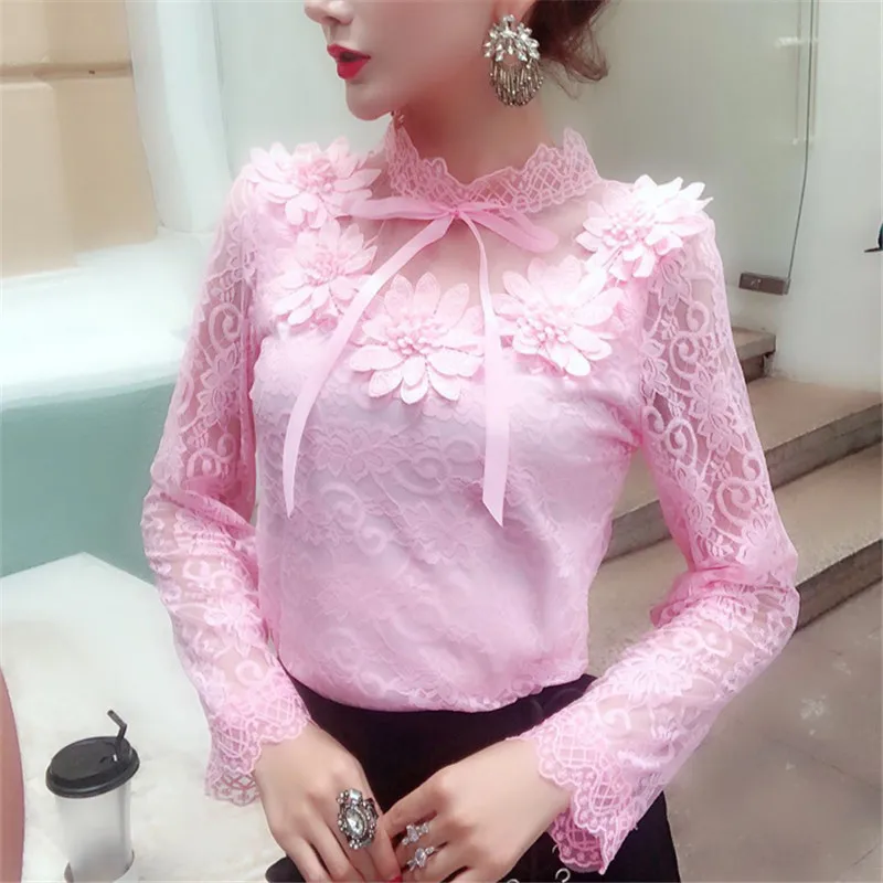 

Spring Hollow Out Lace Blouse Women Sweet Tie Bow Lace Shirt Female Long Sleeve Floral Mesh Blouses Slim Short Blusas Tops A1256