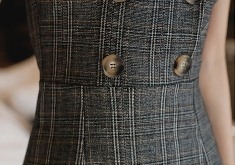 Новинка 2018 двубортное клетчатое платье карандаш с отложным воротником женские