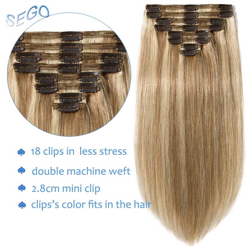 SEGO 1"-24" 110 г-170 г Прямой зажим синтетических Пряди человеческих волос для наращивания 8 шт./компл. волосы на клипсах с двойной прядкой из Non-Remy человеческих волос на зажимах