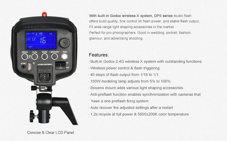 Профессиональный студийный стробоскоп Godox DP400 II 400W 400Ws GN65 со встроенным