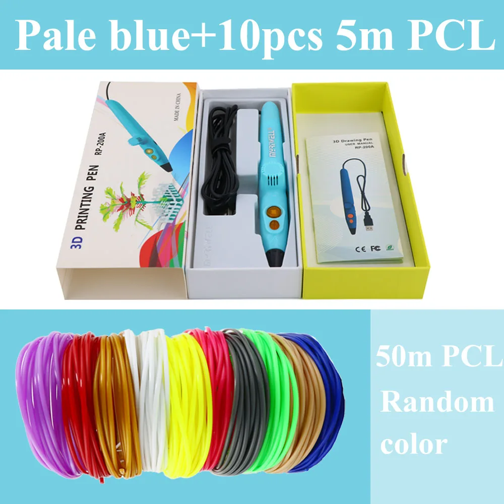 Plale blue 50m PCL Myriwell 3D игла принтера RP-200A USB низкотемпературная 3D Ручка каракули с 1,75 мм PCL материал для детей 3D Рисунок игрушки подарки - Цвет: Plale blue 50m PCL