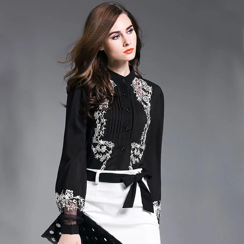 Новые модные женские Топы Вышивка Прозрачный цветочный Фонарь рукава черный