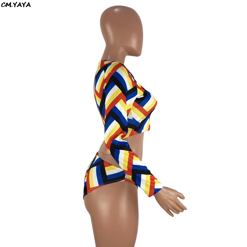 2019 new women summer long sleeve wave stripes print short top panties suits two piece set bodysuit sexy outfit YT3096 | Женская одежда
