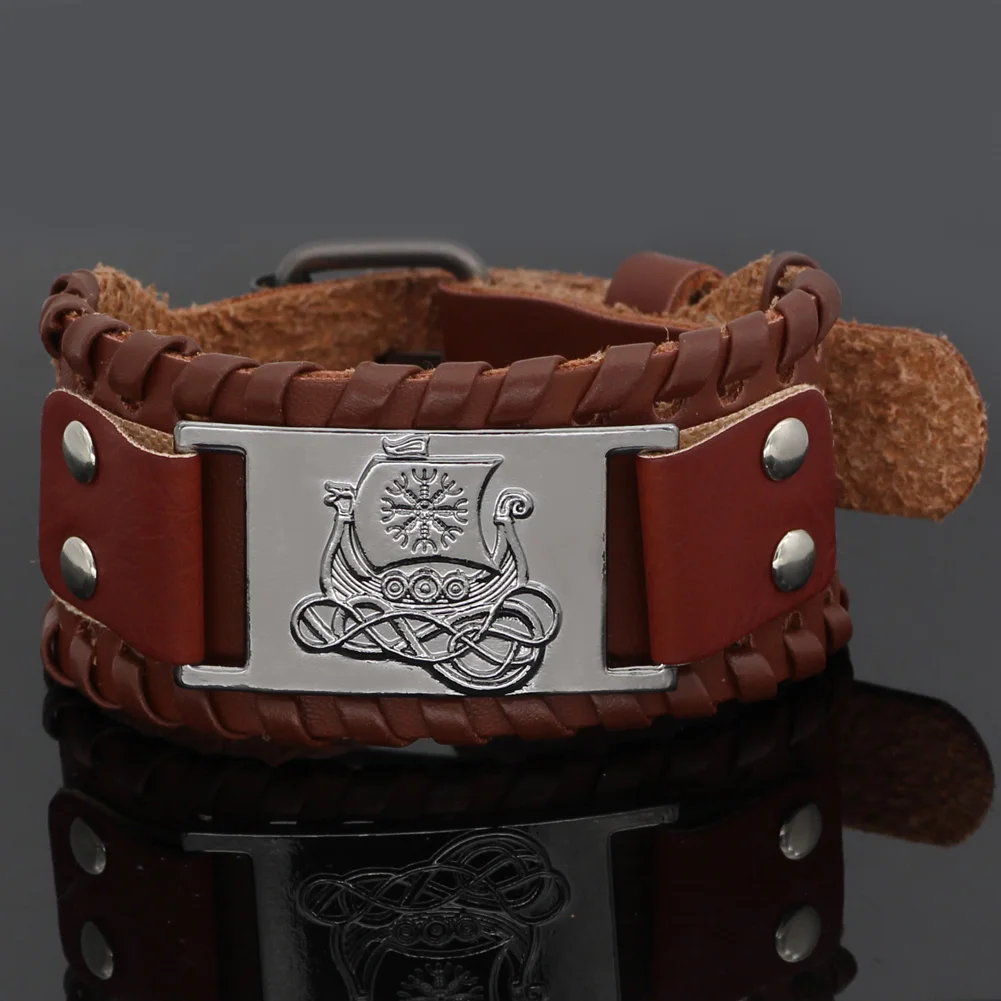 Скандинавский Викинг Дракон корабль vegvisir odin кожаный браслет амулет регулируемый