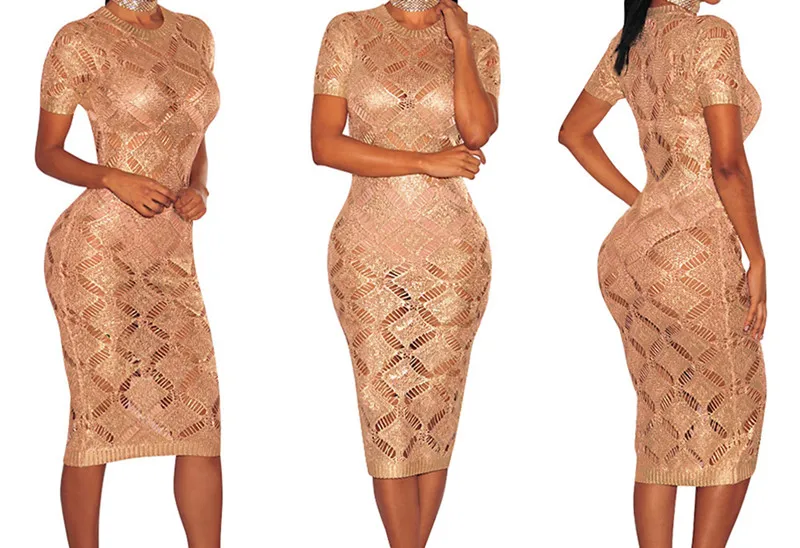 Hot Sexy Perspective Nightclub Dress Summer Knitting Hollow Out Women Gold Rose Gray O-Neck Short Sleeve Pencil Dres | Женская одежда