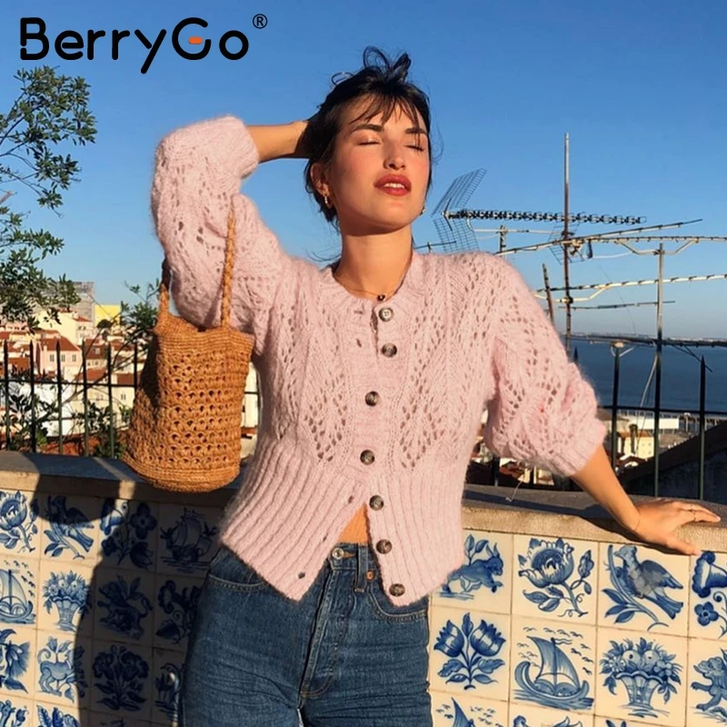 BerryGo выдалбливают вязаный крючком свитер кардиган Женщины зимний леди с длинным