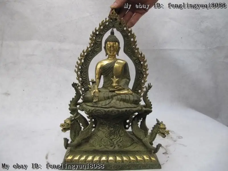 

14" Tibet Buddhism Bronze Gilt Two Dragon Thailand Sakyamuni Buddha Statue