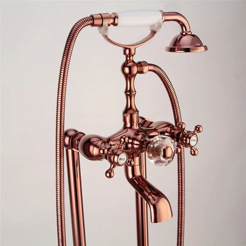 Bathtub Faucet Brass Mixer Tap With Hand Shower Floor Standing Style Dual Handle Golden Bathroom Bath Set | Обустройство дома