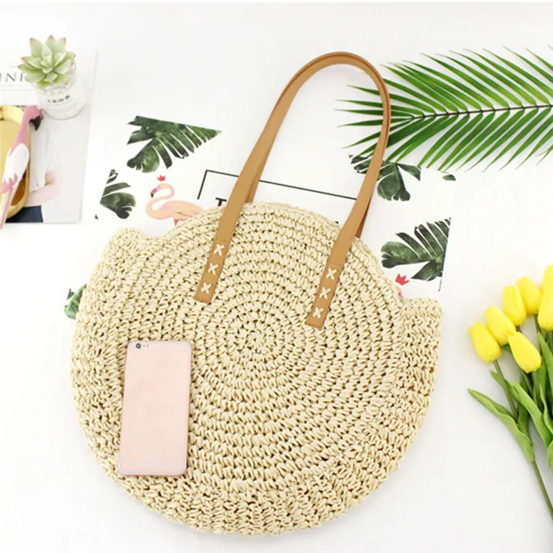 Casual Rattan Women Big Capacity Shoulder Bags Circle Straw Handmade Handbags Summer Lady Round Bohemian Beach Travel Totes #40 | Багаж и