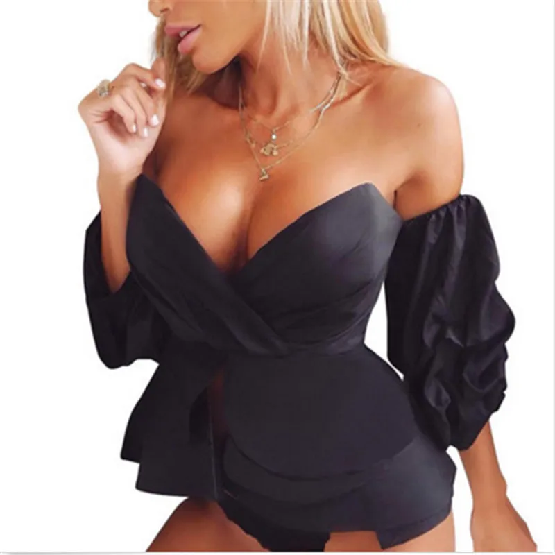 Летние Для женщин с открытыми плечами блузка Рубашки без бретелек спинки пышными