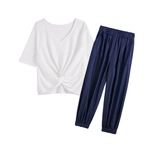 Short Sleeve White Tops Thin Denim Blue Harem Pants Suit Women Casual Chic Summer Sets Woman Fashion Korean 2 Piece Set Clothes | Женская