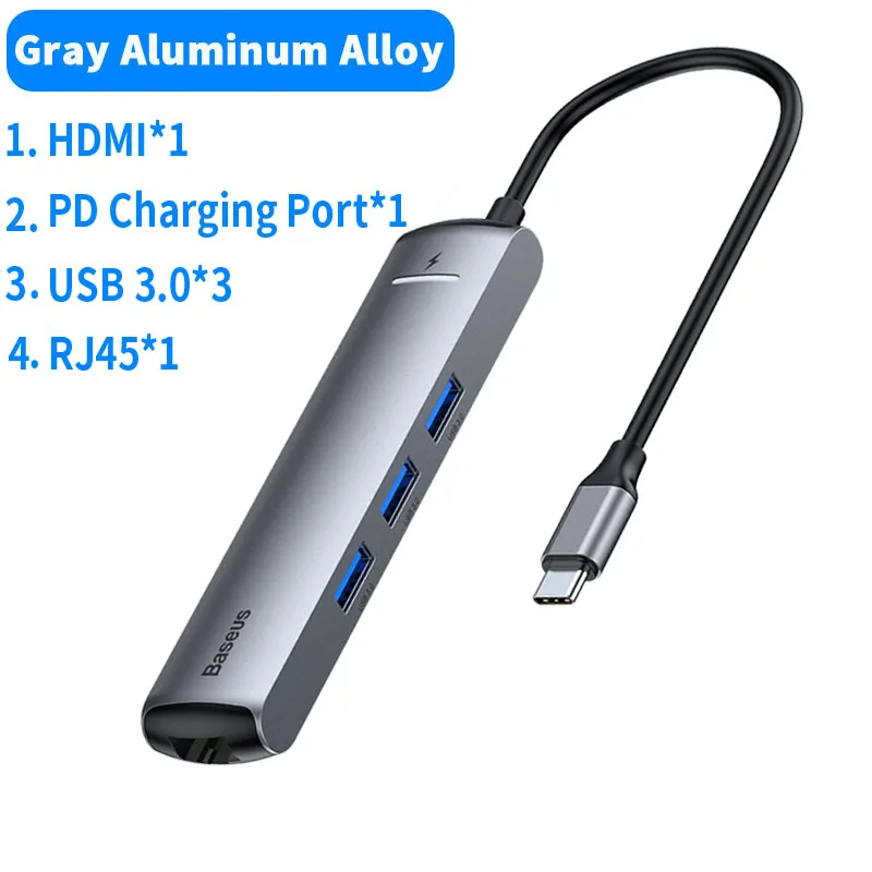 Baseus USB C концентратор Тип C концентратор HDMI Ethernet мульти USB 3,0 Порты и разъёмы Thunderbolt 3 2 Мощность адаптер для MacBook Pro Air док-станция для USB-C концентратор - Цвет: 6 IN 1 USB C HUB