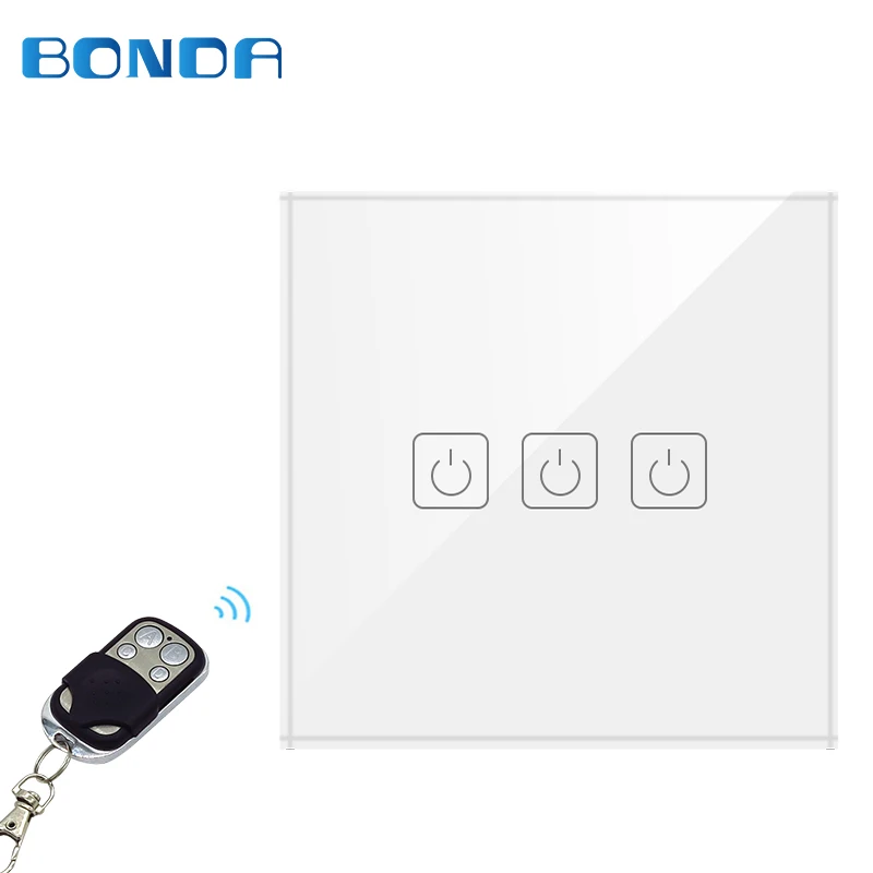 BDNDA ЕС стандарт 3 открытые RF433 беспроводные пульты управления светом на стене высококачественной кристальной стеклянной панели с сенсорным экраном и светодиодным индикатором.