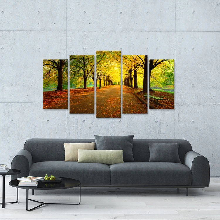 Large 5 Pieces Autumn Forest Canvas Wall Art Yellow Trees in City Park With Empty Bench Sun Light Fall Season Landscape Picture | Дом и сад