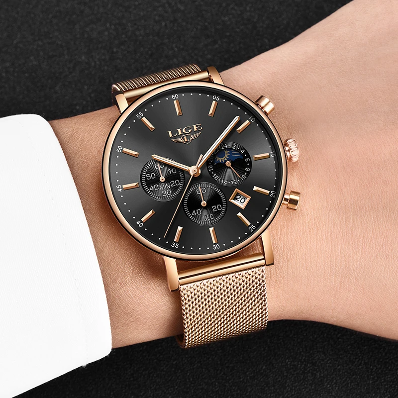 

2019 New Year Gift LIGE Mens Top Brand Luxury Quartz Watches Ultra-thin Mesh With Moon Phase Small Dial Ladies Watch Reloj Mujer