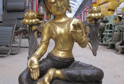 bi001383 30&quotTibet Buddhist Fane Bronze Gild Lotus Green Tara Kwan-Yin Buddha statue | Дом и сад
