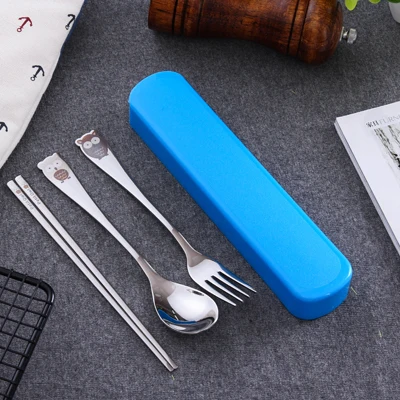 Owl Set Blue 304 портативный набор посуды из нержавеющей стали, Корейская лазерная гравировка, яркие цвета, наборы посуды для детей, школы - Цвет: Owl Set Blue