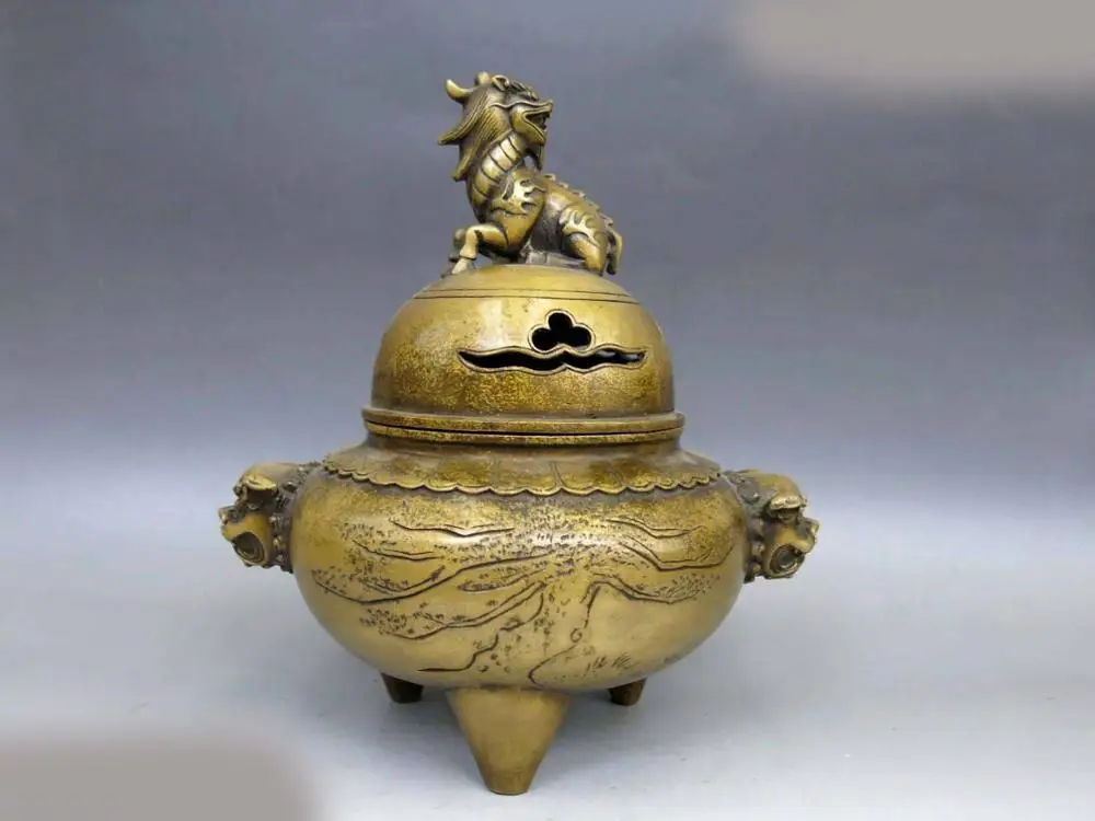 Китай латунь медь резные сосна Foo Собаки Лев курильница Статуя (D0426) SDSD22 | Дом и сад