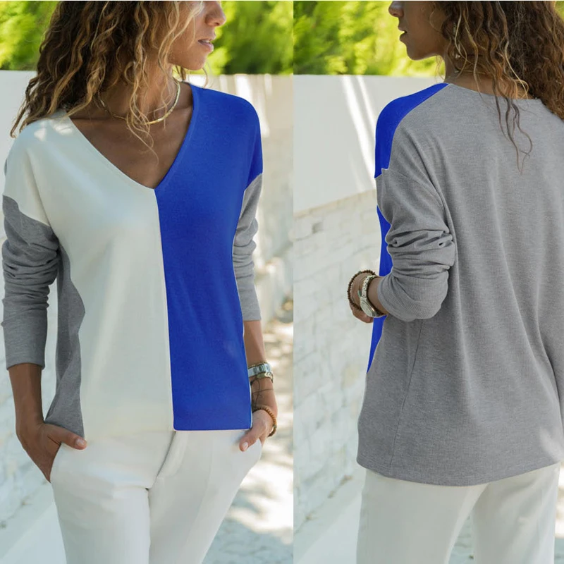 Fashion Women Patchwork Blouse Shirt Sexy V Neck Long Sleeve Tops Female Casual Shirts |
