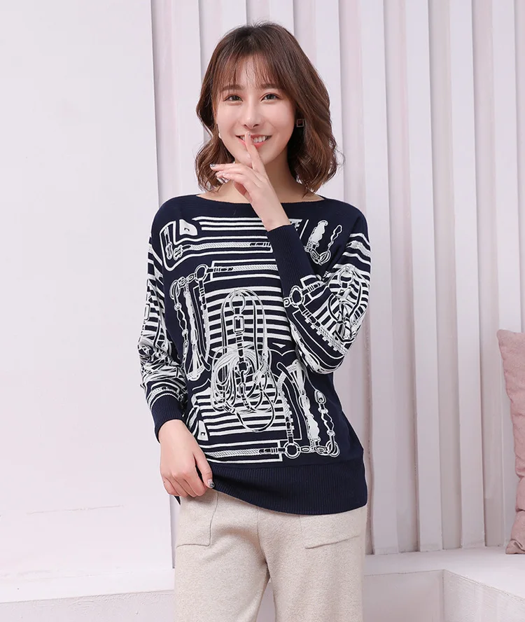 Navy Blue5 Винтажный дизайнерский брендовый Вязанный свитер, Женский пуловер с вырезом лодочкой и принтом, длинный рукав, корейская мода, джемпер на осень - Цвет: Navy Blue5