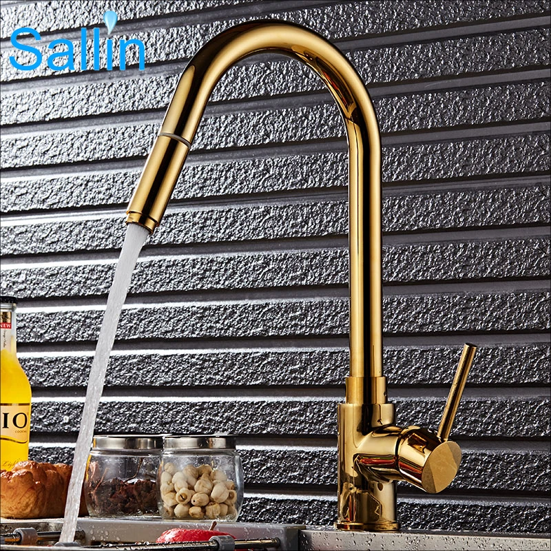 Роскошный Золотой кухонный кран с одной ручкой выдвижной опрыскиватель