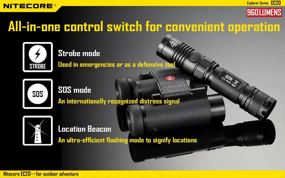Nitecore EC20 Одноручная работа фонарик с nitecore NL186 18650 2600 мАч батарея XM-L2 960 люмен яркий водонепроницаемый