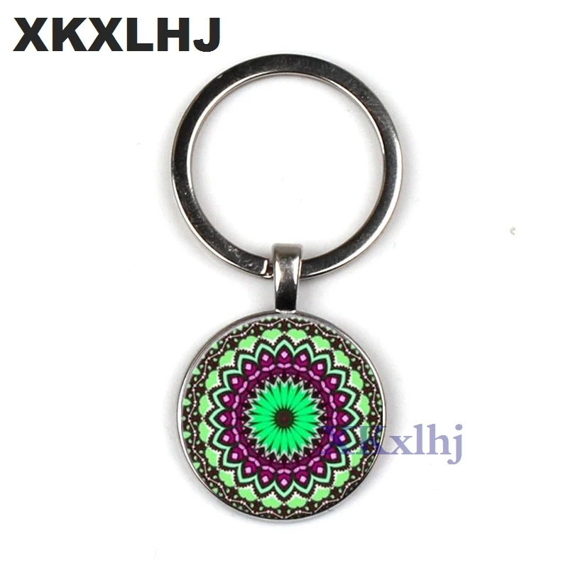 

XKXLHJ Fashion key chain Mandala Photo Art Glass Cabochon Pendant Keychain Sacred Geometry Yoga Om New Fashion Jewelry 2018