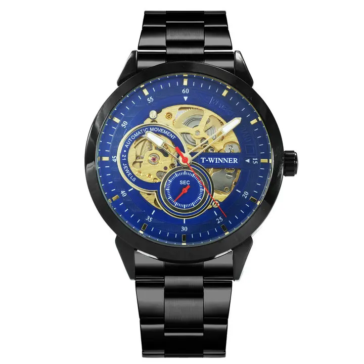 BLACK BLUE Роскошные Брендовые мужские часы Победитель автоматические механические часы с скелетом мужские золотые часы с ремешком из нержавеющей стали деловые часы Wirstwatch - Цвет: BLACK BLUE