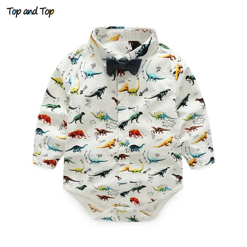 Top and Fashion Baby Boy Clothes Long Sleeve Dinosaur Print Shirt Romper+Suspenders Pants 3Pcs Gentleman Clothing Set |