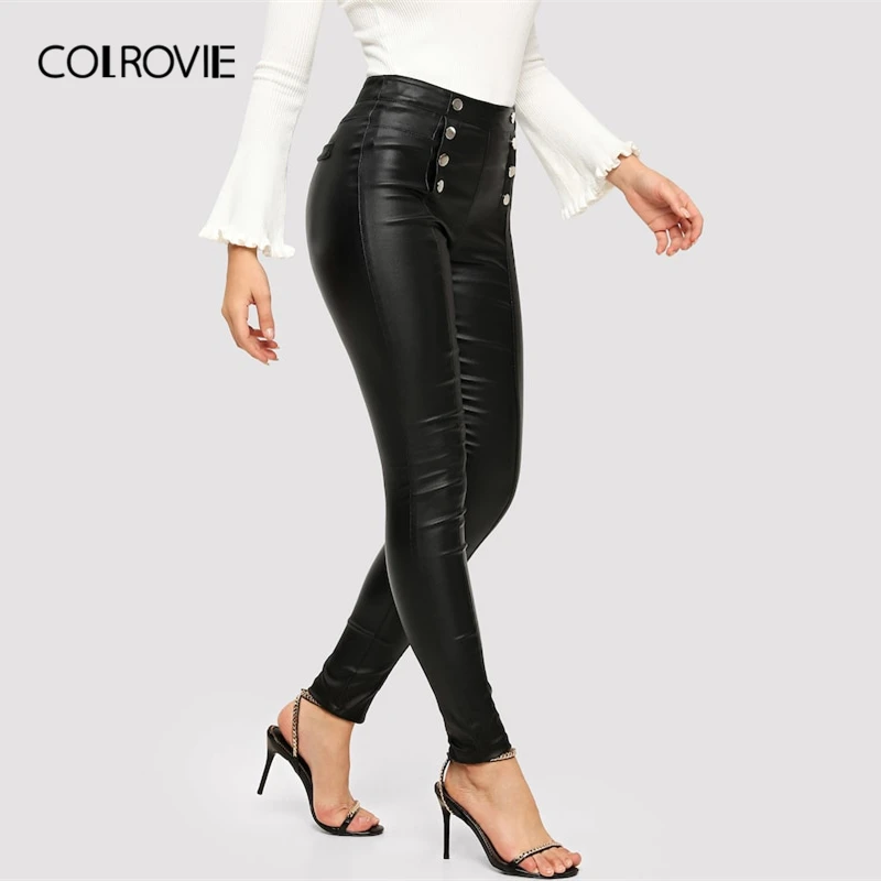COLROVIE, черные двубортные обтягивающие повседневные Леггинсы для женщин, весна, уличная мода, штаны с эластичной талией, женские брюки