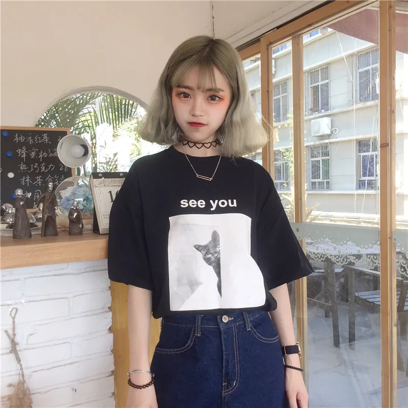 Женская свободная футболка Harajuku летняя Корейская с милым мультяшным рисунком