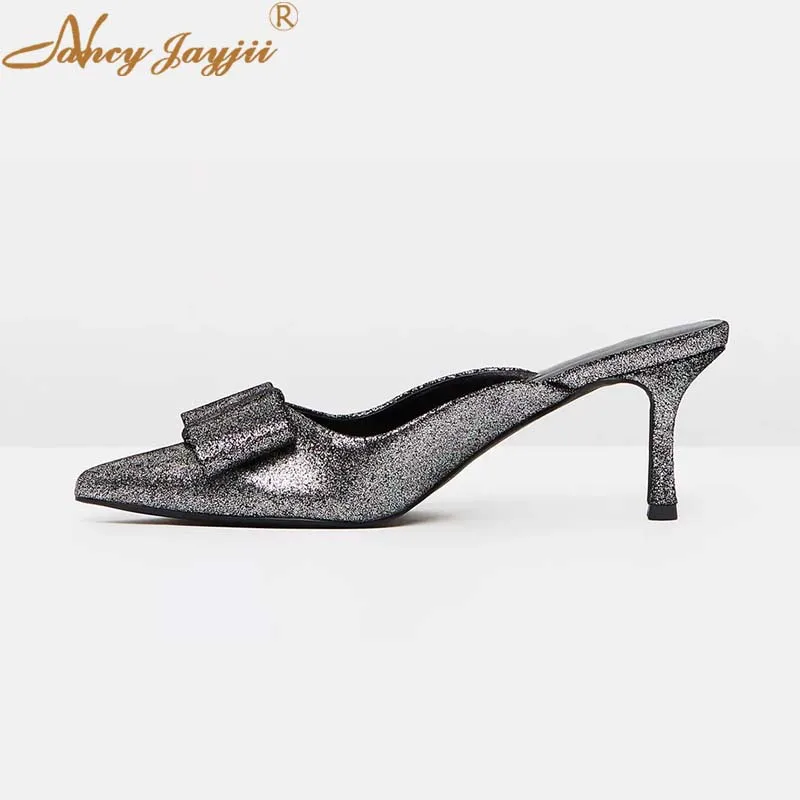 

Nancyjayjii Grey Sequined Cloth Butterfly-knot Solid Women Mules 2022 Spring Pointed Toe Stiletto Heel Leisure Slip on Shoes