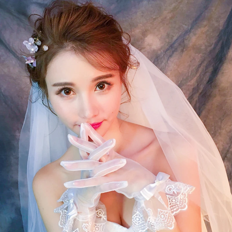 Fashion Bride Wedding Lace Bow Solid Color Full Finger Gloves Wrist Length Female Prom Dress European and American Accessories | Свадьбы и