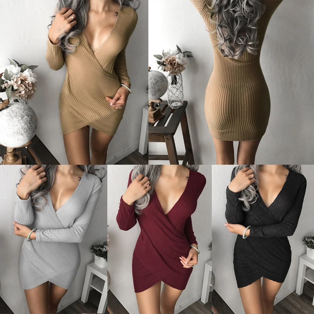 Vestidos summer Women solid color Sexy Elegant V-neck cross Dress Bodycon Pack hip Comfortable Pretty dress | Женская одежда
