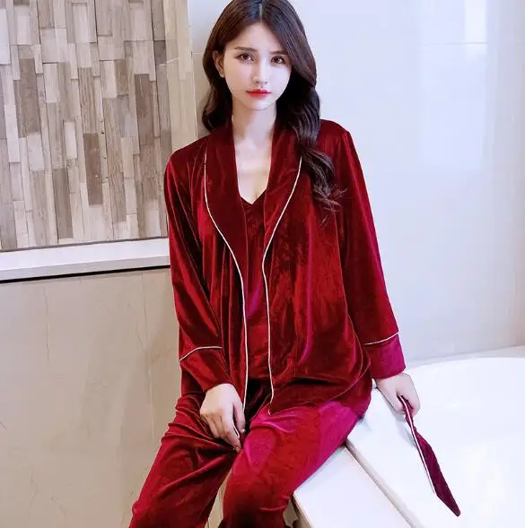 wine red Комплект одежды для сна из 3 предметов, осенне-зимние пижамы с длинными рукавами для женщин, золотые бархатные пижамы, комплекты теплой домашней одежды, модный пижамный комплект - Цвет: wine red