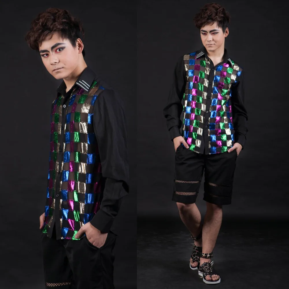 Мужская рубашка с длинным рукавом цветная приталенная для выступлений ночного