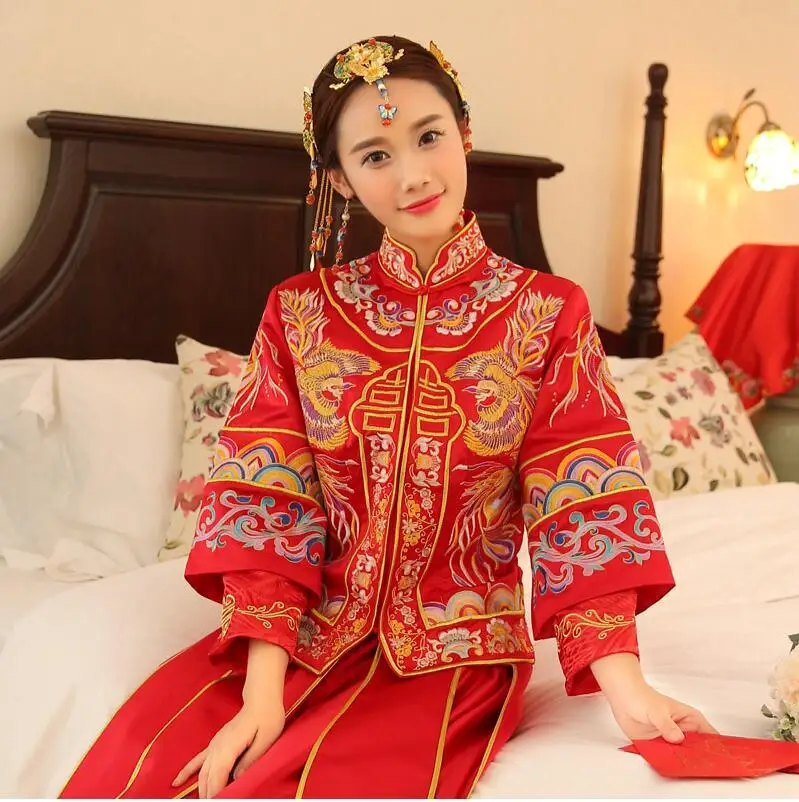 

Vintage Style bride wedding Qipao dress red wedding complex Costume For Overseas Chinese Suzhou embroidery Vestidos de Casamento