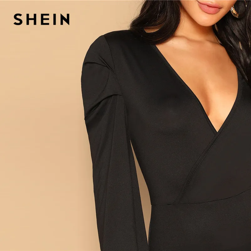 SHEIN Боди С Глубоким V-образным Вырезом Женские Современные Сексуальные Боди С Длинным Рукавом