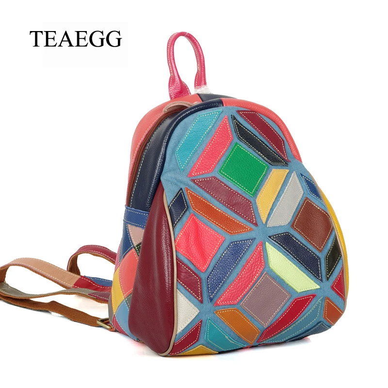 Женский рюкзак TEAEGG из натуральной кожи повседневная сумка с цветными панелями