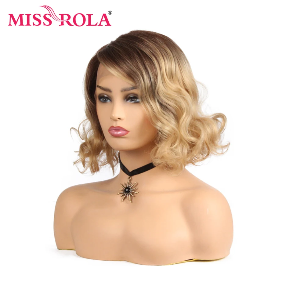 Miss Rola короткие синтетические волосы парик фронта шнурка синтетические волосы парик Омбре блонд Цвет волнистые для черных женщин парик 14 дюймов