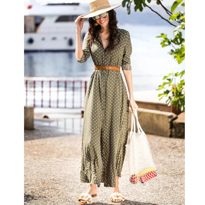 

Polka Dots Print Long Dress Nice Vogue Fashion High Split Shirt Dress With Belt Bohemian Women Maxi Dresses Robe Femme Vestidos