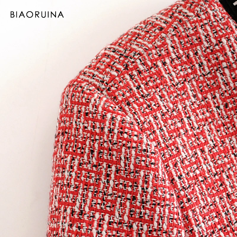 BIAORUINA, Женская твидовая клетчатая куртка, пальто, женское, v-образный вырез, однобортное, свободное, универсальное пальто, для девушек, элегантное пальто, верхняя одежда
